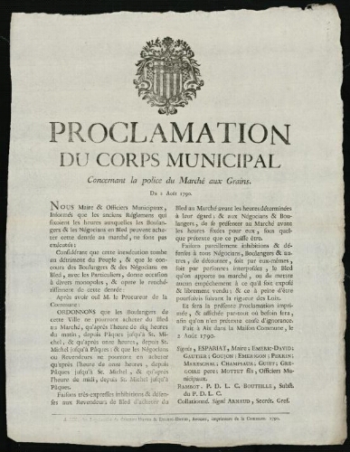 Proclamation du corps municipal concernant la police du marché aux grains. Du 2 août 1790 / [Mairie d’Aix]
