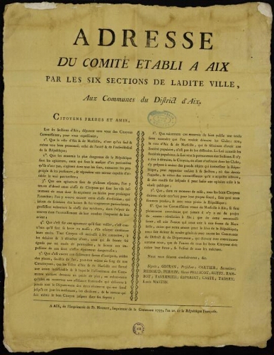 Adresse du Comité établi à Aix par les six sections de ladite ville, aux Communes du district d'Aix