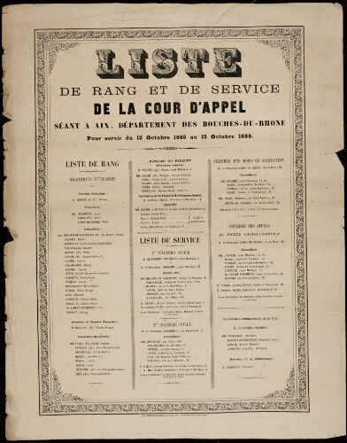 Liste de rang et de service de la cour d'appel séant à Aix, département des Bouches-du-Rhône pour servir du 15 octobre 1885 au 15 octobre 1886