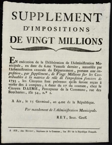 Supplement d'impositions de vingt millions / Administration municipale d'Aix