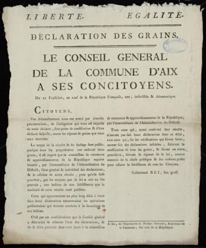 Déclaration des grains. Le conseil général de la commune d'Aix à ses concitoyens / [Mairie d'Aix]