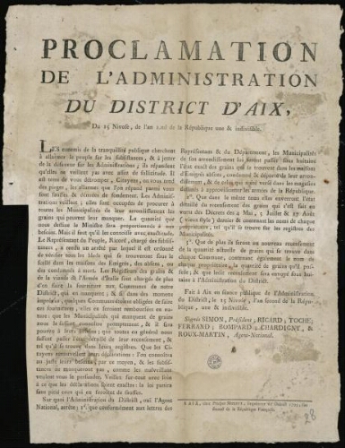 Proclamation de l'administration du district d'Aix, du  15 nivose, de l'an 2.nd de la République une & indivisible