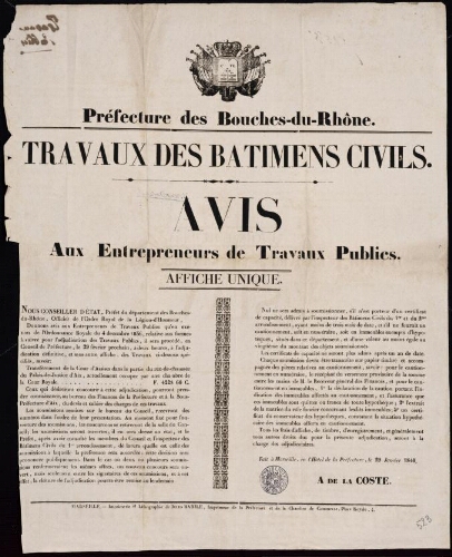 Travaux des batimens civils. Avis aux entrepreneurs de travaux publics. Affiche Unique / Préfecture des Bouches-du-Rhône