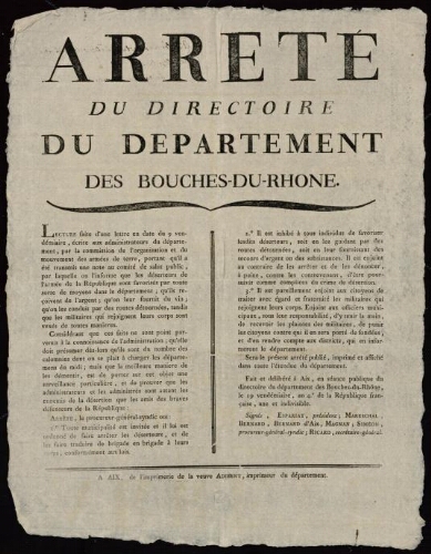 Arrêté du directoire du département des Bouches-du-Rhône... toute municipalité est invitée et il lui est ordonné de faire arrêter les déserteurs