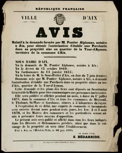 Avis. Relatif à la demande formée par M. Pontier Alphonse, notaire à Aix pour obtenir l’autorisation d’établir une porcherie...  / Ville d’Aix