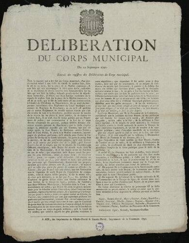 Délibération du corps municipal du 20 septembre 1791. Extrait des registres des délibérations du corps municipal / [Mairie d’Aix]