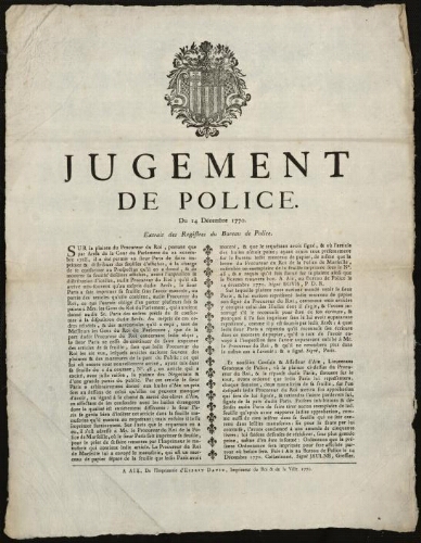 Jugement de Police. Du 14 décembre 1770. Extrait des registres du bureau de police