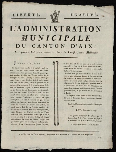 L'Administration municipale du Canton d'Aix, aux jeunes citoyens compris dans la conscription militaire
