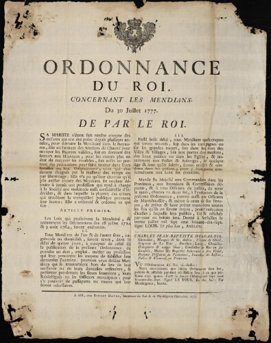 Ordonnance du Roi, concernant les mendians. Du 30 juillet 1777. De par le Roi / [Louis XVI]