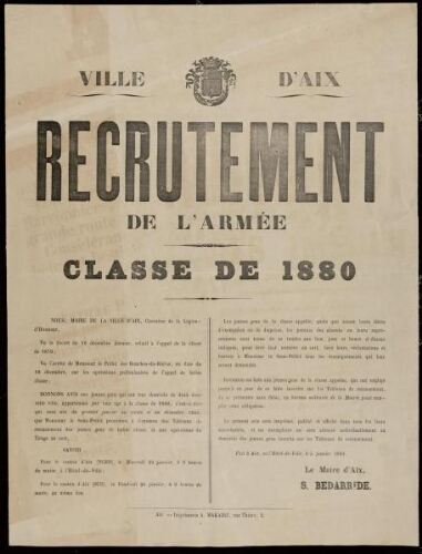 Recrutement de l'armée : classe de 1880 / Ville d’Aix