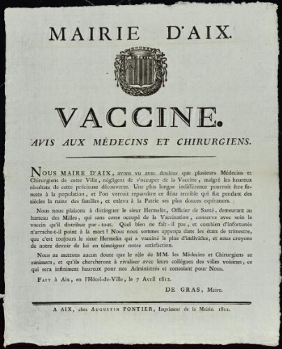 Vaccine. Avis aux médecins et chirurgiens / Mairie d'Aix
