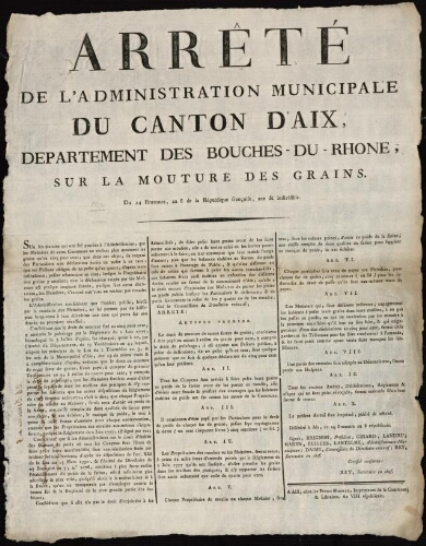 Arrêté de l'Administration municipale du Canton d'Aix, département des Bouches-du-Rhône, sur la mouture des grains