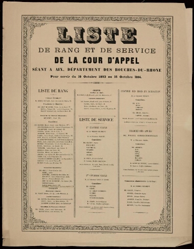 Liste de rang et de service de la cour d'appel séant à Aix, département des Bouches-du-Rhône pour servir du 15 octobre 1893 au 15 octobre 1894
