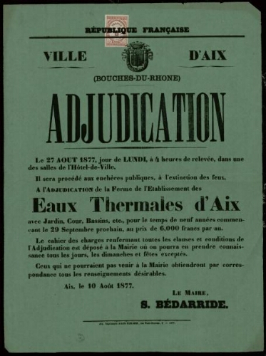 Adjudication de la ferme de l'établissement des eaux thermales d'Aix   / Ville d’Aix