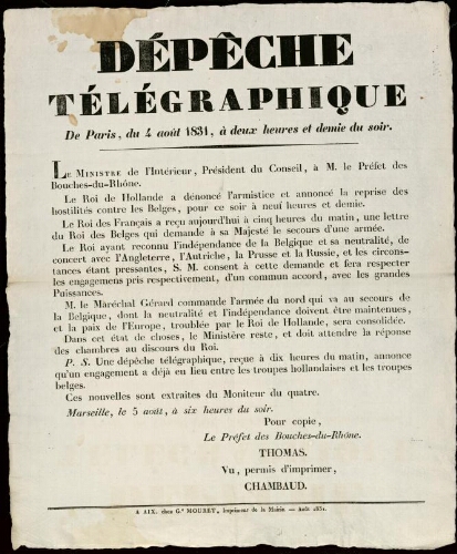 Dépêche télégraphique de Paris du 4 août 1831, à deux heures et demie du soir / Préfecture des Bouches-du-Rhône