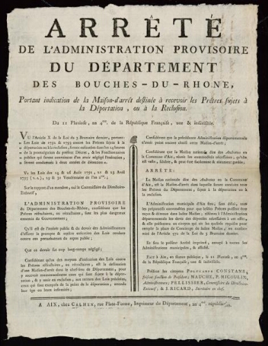 Arrêté de l'Administration provisoire du département des Bouches-du-Rhône, portant indication de la maison-d'arrêt destinée à recevoir les prêtres sujets à la déportation, ou à la reclusion
