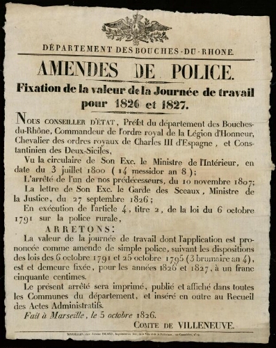 Amendes de police. Fixation de la valeur de la journée de travail pour 1826 et 1827