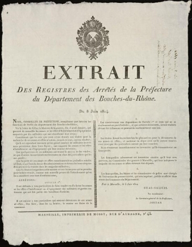 Extrait des registres des arrêtés de la préfecture du département des Bouches-du-Rhône / Préfecture des Bouches-du-Rhône