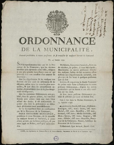 Ordonnance de la Municipalité, portant prohibition à toutes personnes de se travestir & masquer durant le Carnaval / [Mairie d’Aix]