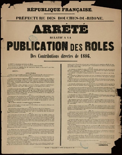 Arrêté relatif à la publication des rôles des contributions directes de 1886 / Préfecture des Bouches-du-Rhône