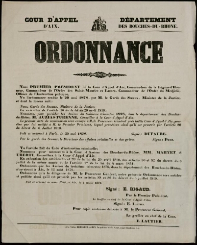Ordonnance [assises du troisième trimestre 1878] / Cour d’appel d’Aix
