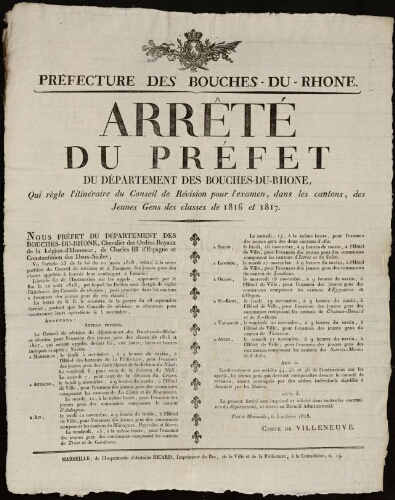Arrêté du préfet du département des Bouches-du-Rhône, qui règle l'itinéraire du conseil de révision pour l'examen, dans les cantons, des jeunes gens des classes de 1816 et 1817