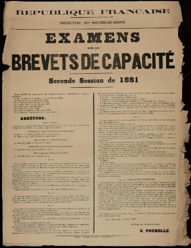Examens pour les brevets de capacité. Seconde session de 1881 / Préfecture des Bouches-du-Rhône