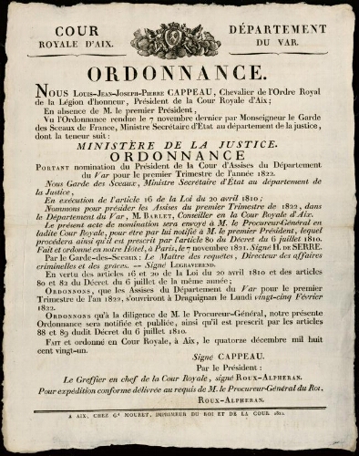 Ordonnance / Cour royale d'Aix