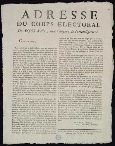 Adresse du corps électoral du district d'Aix, aux citoyens de l'arrondissement