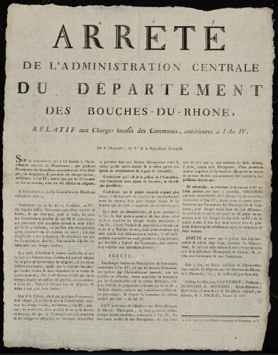Arrêté de l'Administration centrale du département des Bouches-du-Rhône, relatif aux charges locales des Communes, antérieures à l'an IV
