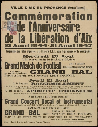 Commémoration de l'anniversaire de la Libération d'Aix, 21 Août 1944-21 Août 1947 / Mairie d'Aix