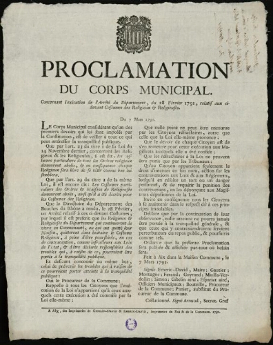 Proclamation du corps municipal,concernant l'exécution de l'arrêté du Département relatif aux costumes des religieux & religieuses / [Mairie d’Aix]