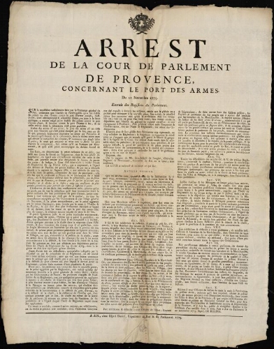 Arrest de la Cour de Parlement de Provence, concernant le port des armes