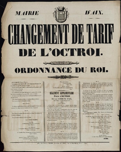 Changement de tarif de l'octroi. Ordonnance du roi / Mairie d'Aix