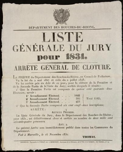 Liste générale du jury pour 1831. Arrêté général de clôture / Préfecture du département des Bouches-du-Rhône