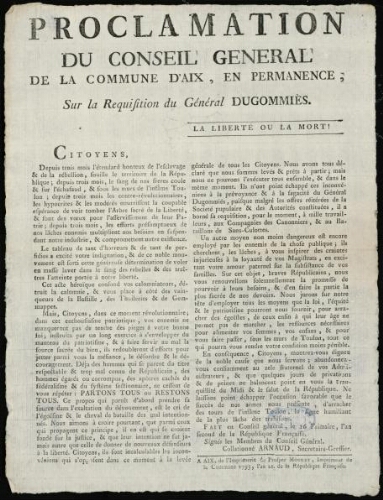 Proclamation du conseil général de la commune d'Aix, en permanence ; sur la réquisition du général Dugommiès