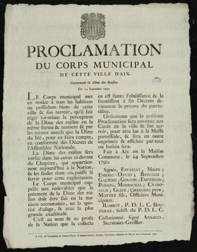 Proclamation du corps municipal de cette ville d'Aix. Concernant la dîme des raisins. Du 24 septembre 1790 / [Mairie d’Aix]