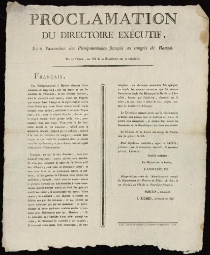 Proclamation du Directoire exécutif, sur l'assassinat des Plénipotentiaires français au congrès de Rastadt