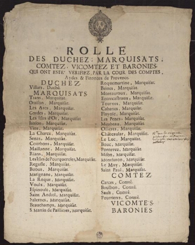 Rolle des duchez ; marquisats ; comtéz, vicomtez et baronies qui ont este verifiez par la Cour des comptes, aydes et finances de Provence
