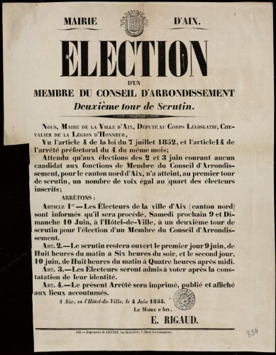 Election d'un membre du conseil d'arrondissement. Deuxième tour de scrutin / Mairie d'Aix