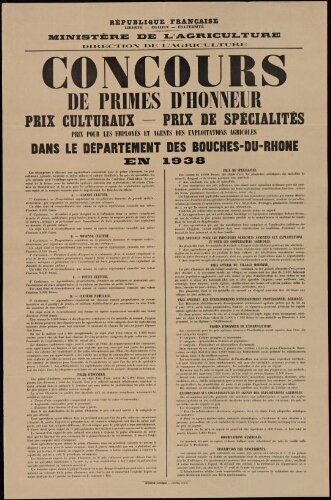 Concours de primes d'honneur,  prix culturaux – Prix de spécialités, prix pour les employés et agents des exploitations agricoles, dans le département des Bouches-du-Rhône en 1938