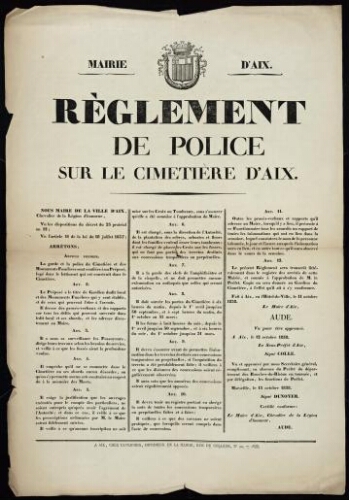 Règlement du police sur le cimetière d'Aix   / Mairie d'Aix