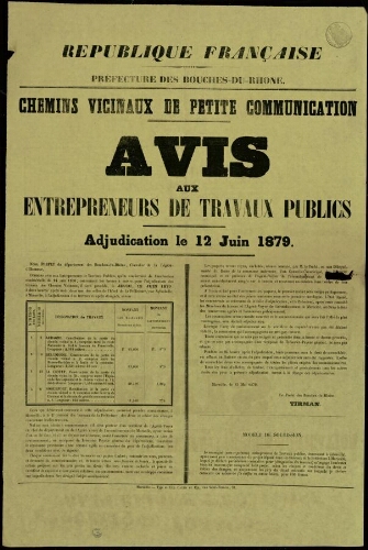 Chemins vicinaux de petite communication : avis aux entrepreneurs de travaux publics. Adjudication le 12 juin 1879 / Préfecture des Bouches-du-Rhône