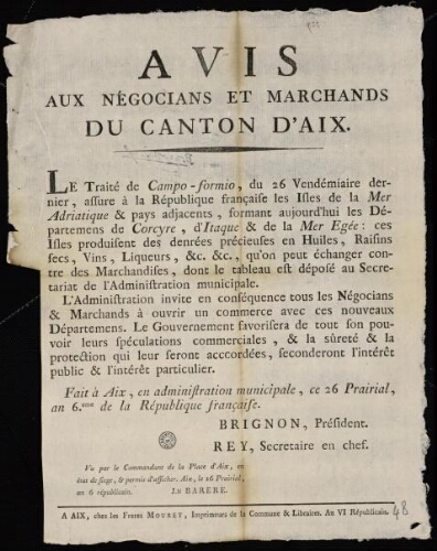 Avis aux négocians et marchands du canton d'Aix / Mairie d’Aix