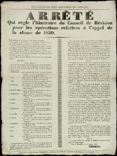 Arrêté qui règle l'itinéraire du conseil de révision... de la classe de 1830 / Préfecture des Bouches-du-Rhône