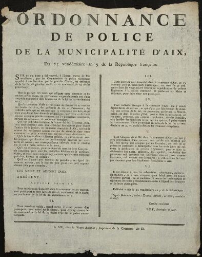 Ordonnance de police de la municipalité d'Aix