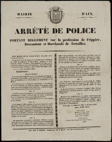 Arrêté de police, portant règlement sur la profession de frippier, brocanteur et marchands de ferrailles   / Mairie d'Aix