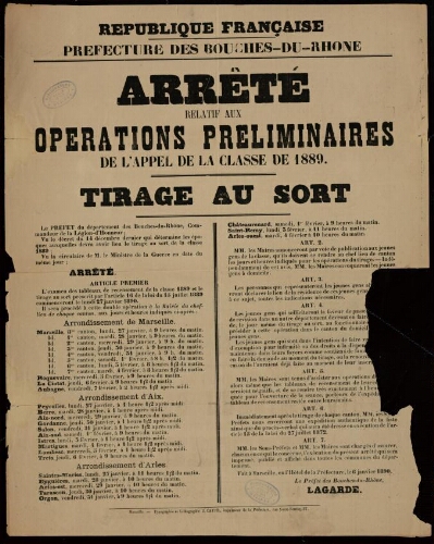 Arrêté relatif aux opérations préliminaires de l'appel de la classe de 1889 : tirage au sort / Préfecture des Bouches-du-Rhône