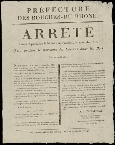 Arrêté approuvé par S. Exc. Le Ministre des Finances, le 27 octobre 1810, qui prohibe le parcours des chèvres dans les bois / Préfecture des Bouches-du-Rhône