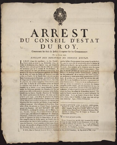 Arrest du Conseil d'Estat du Roy, concernant les frais de justice à repeter sur les communautez. Du 25 juin 1737